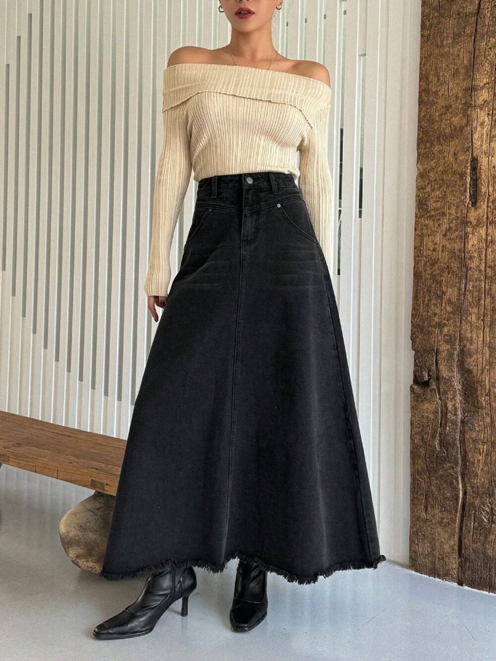 Dark denim Casual Women's Plain Long Denim Skirt - Picture 3 of 8